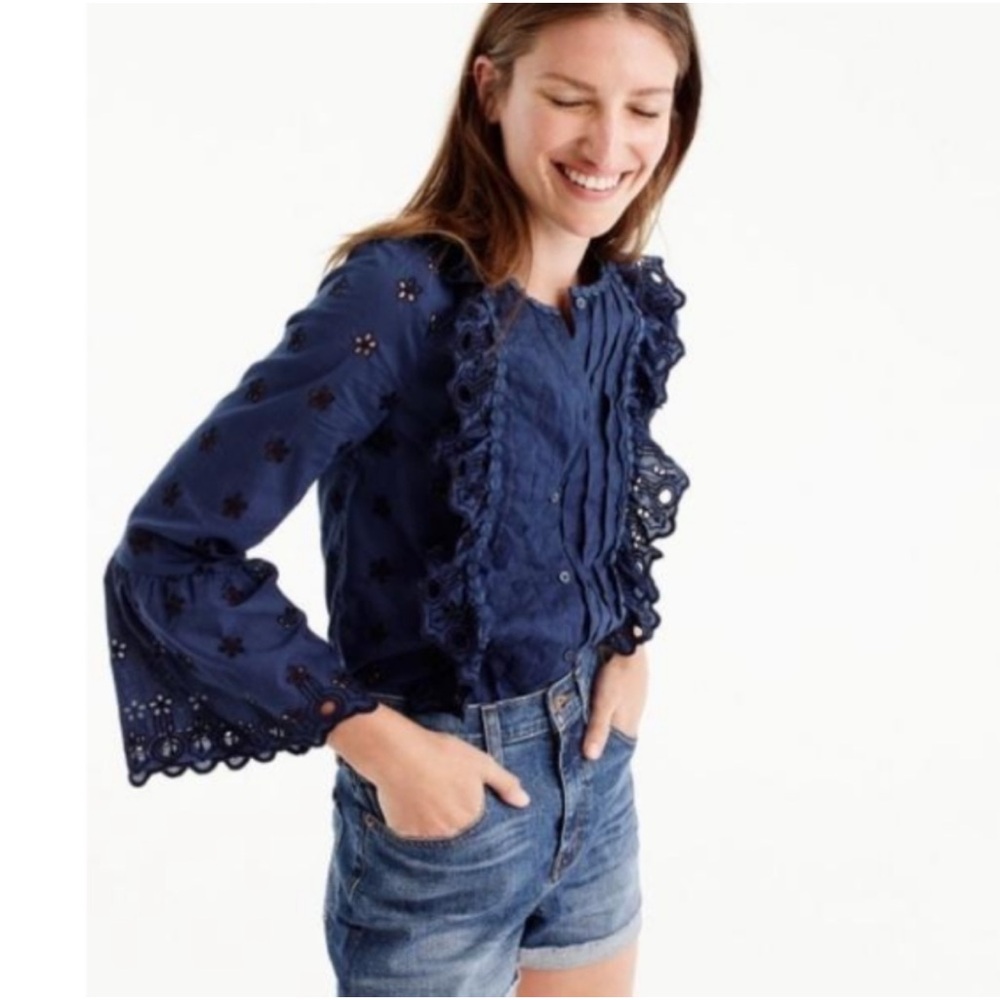 J. Crew Blouse  2 Navy Blue Floral Eyelet Embroidered Button Up Top